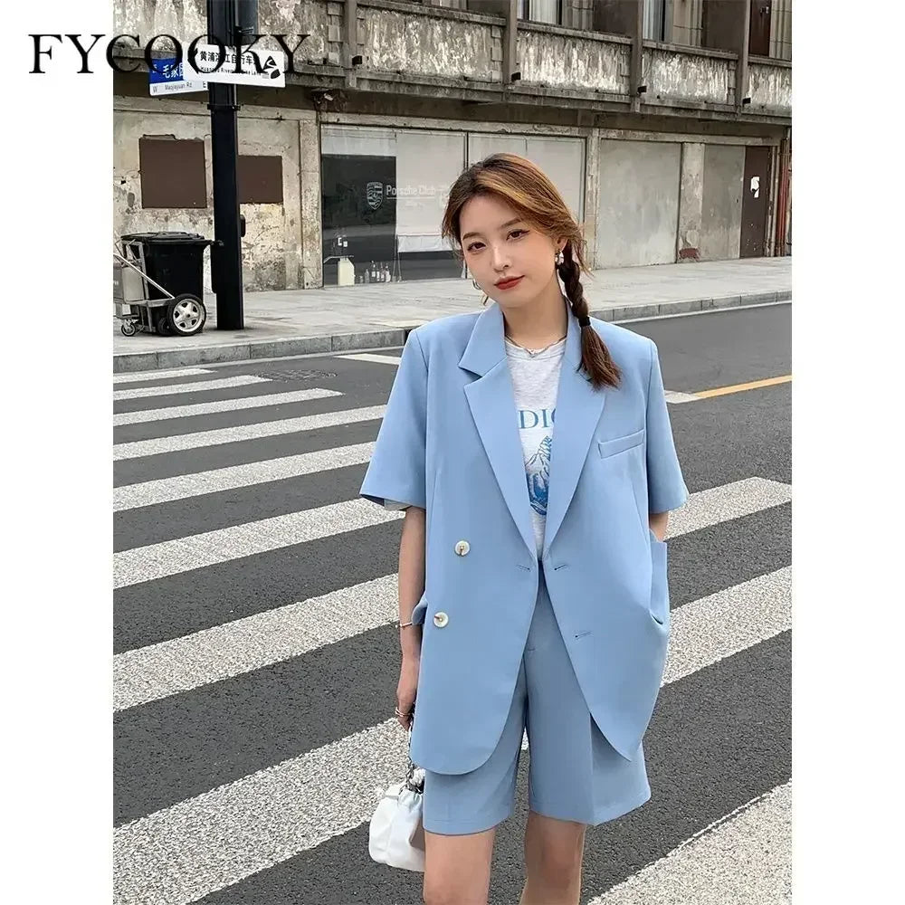 Korean Loose 2 Piece Women Short Set with Blazer Summer