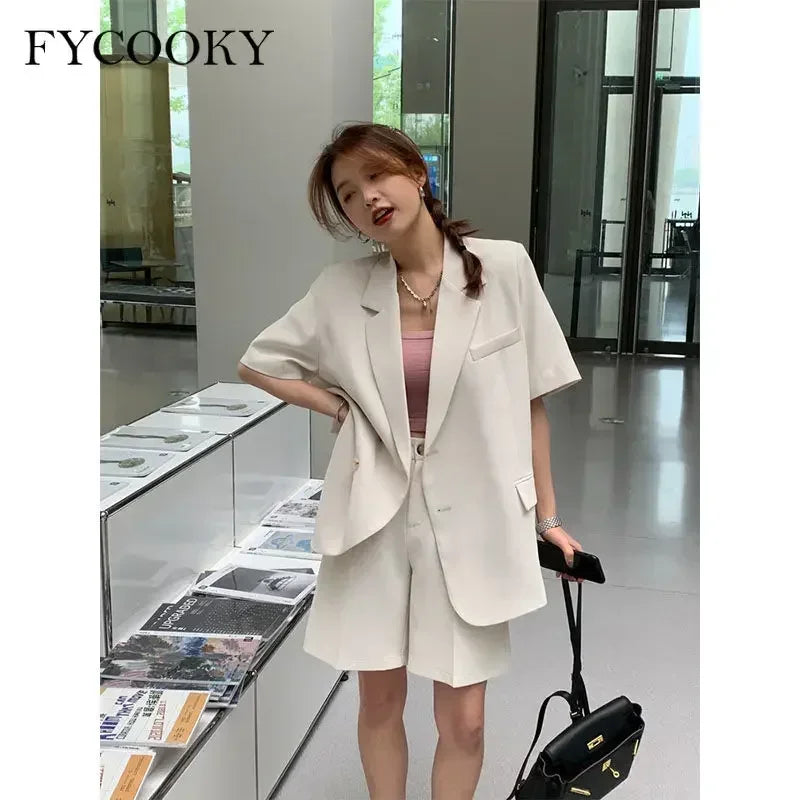 Korean Loose 2 Piece Women Short Set with Blazer Summer