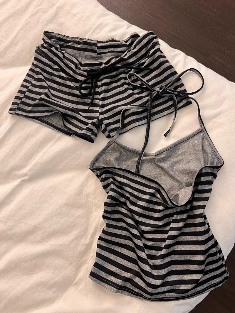 Pure desire striped lace-up neckless short bra pajama set summer