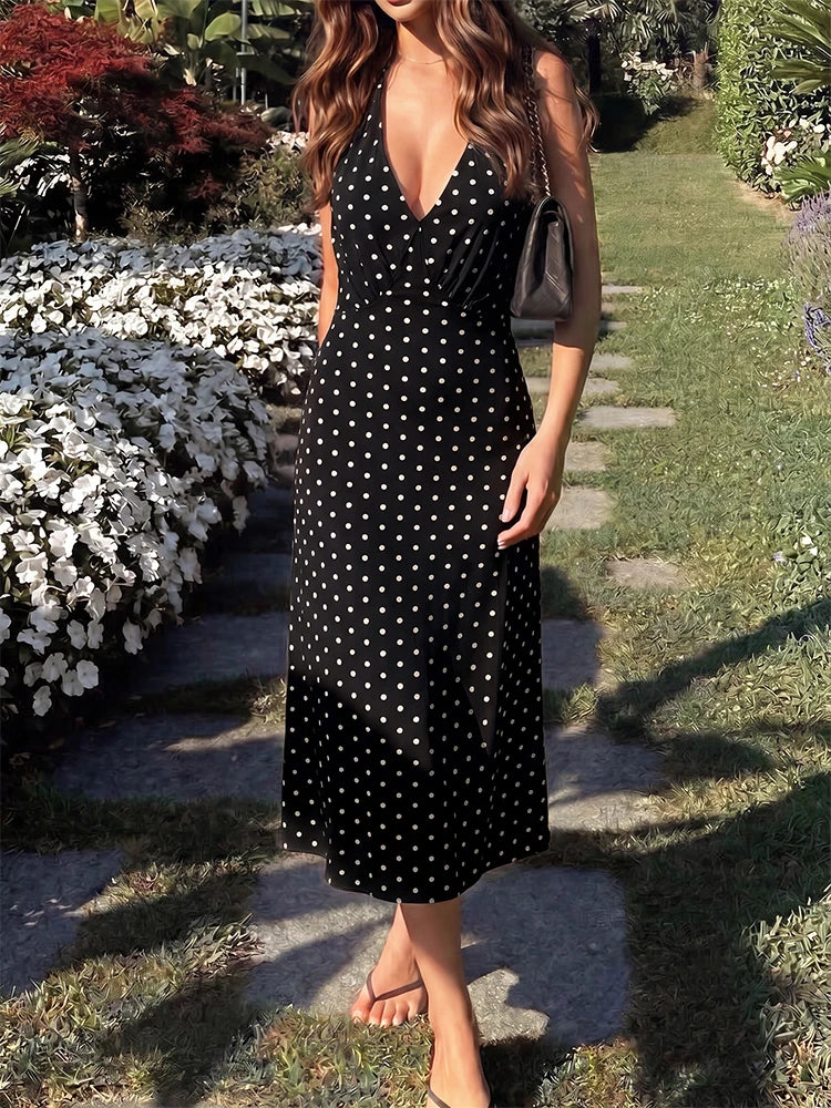 Summer New Women Polka Dot Hanging Neck Long Dresses Strapless Sexy Lace-up Sleeveless Backless Fashion Club Party Elegant Dress