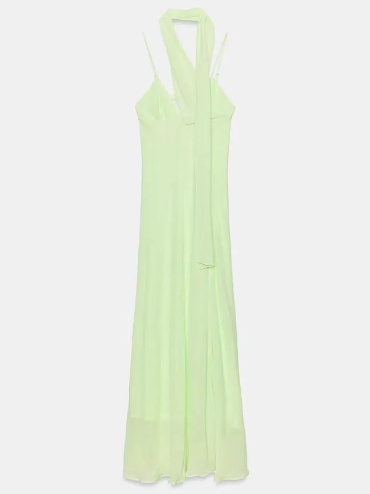 Elegant Summer New Arrival Women's Dress ZA2026 Sleeveless Scarf Detail Halter Neck Gown High Waist Long Skirt Casual Wear