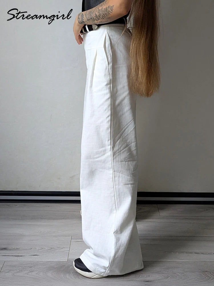 White Wide Leg Cotton Linen Pants For Women Summer Ladies Pant Cotton Trousers Suit For Woman Elegant Straight Leg Office Pants