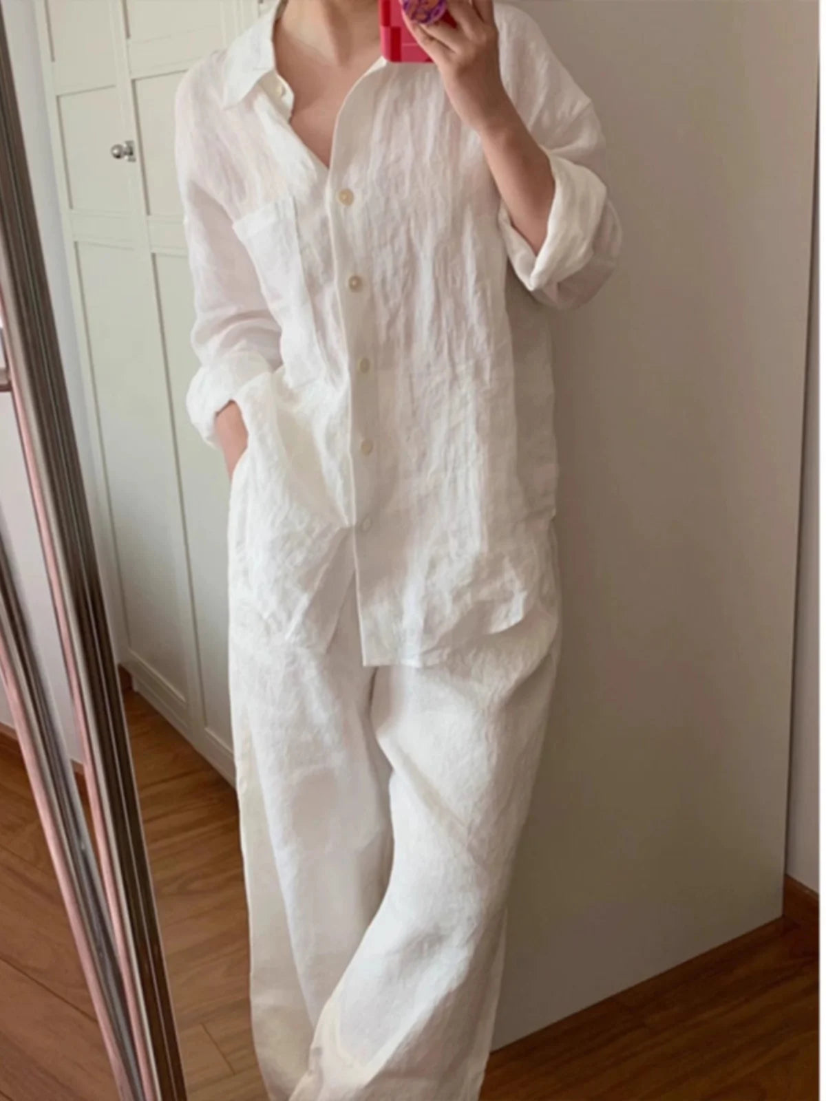 Fashionable Pure Color Cotton Linen Set Long Sleeve Single Button  Neck Shirt Elastic Waist Straight Leg Pants Two Piece Set