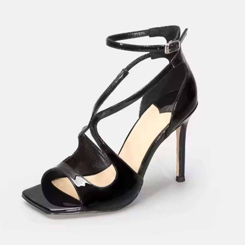 2026 New High Heels Square Hole Cross Strap Stiletto Heel Women Fashion Sandals