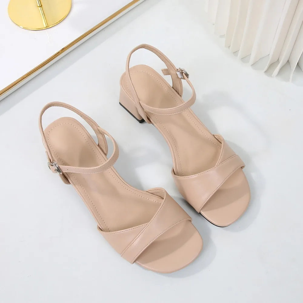 Sandals for Women 2026 Summer Soft Leather Plus Size Thick Heel Straight Buckle Strap High-heeled Sandals Women's Heels Women