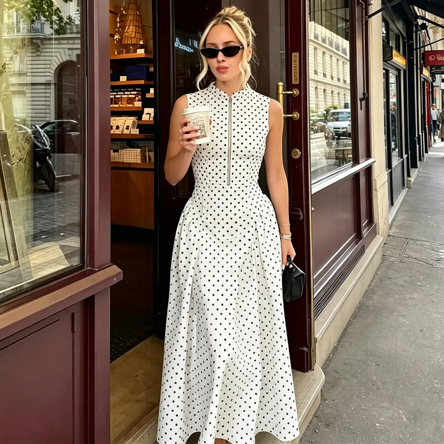 Women Elegant Polka Dot Zipper Decoration Dress Summer Women Sleeveless Pleated Dress Female Fashion Versatile Midi Dress