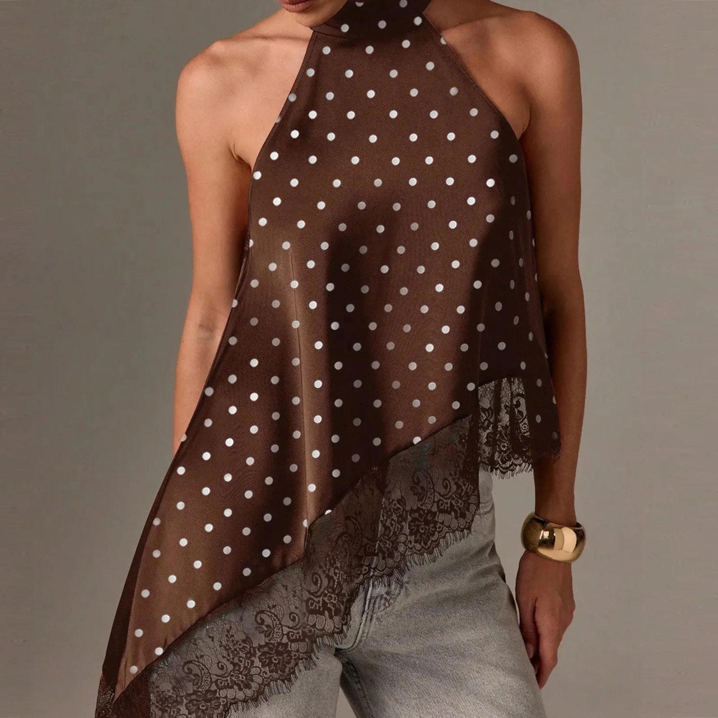 Women Y2k Mock Neck Halter Top Satin Lace Asymmetrical Hem Tank Tops Sleeveless Elegant Going Out Crop Tops