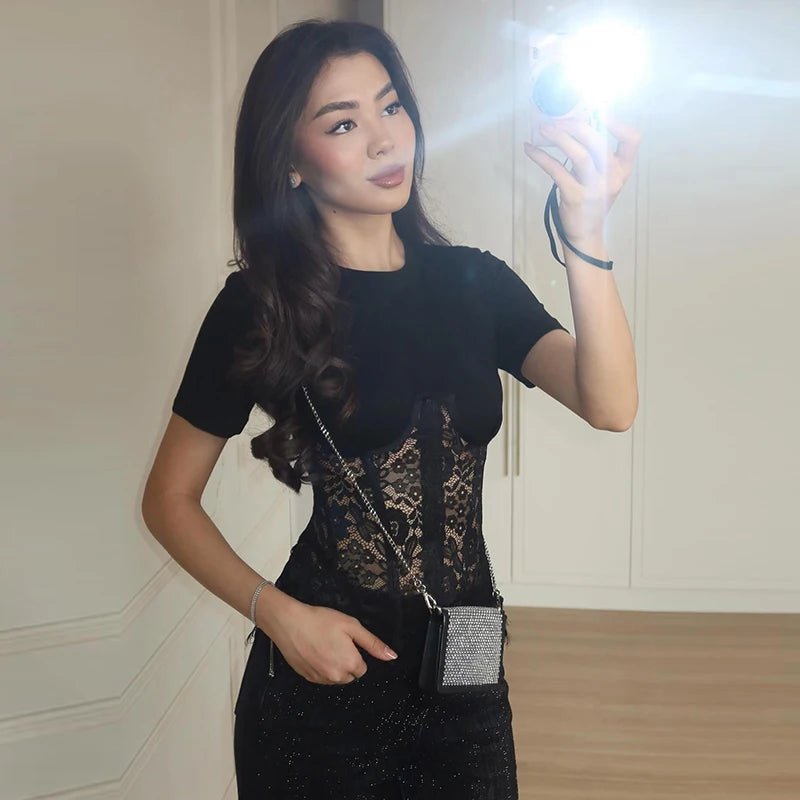 Lace Patchwork Tops See Through O-neck
