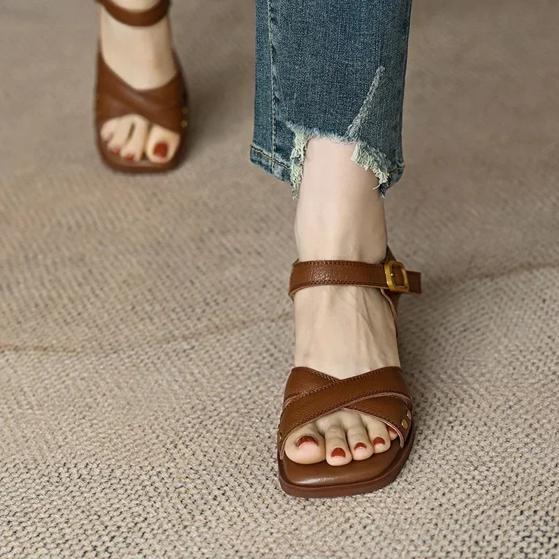 Women's Summer Mid-heel Open-toe Sandals with Empty Back Cross Straps Elegant Woman Heeled Shoes 2024 Trend High Heels