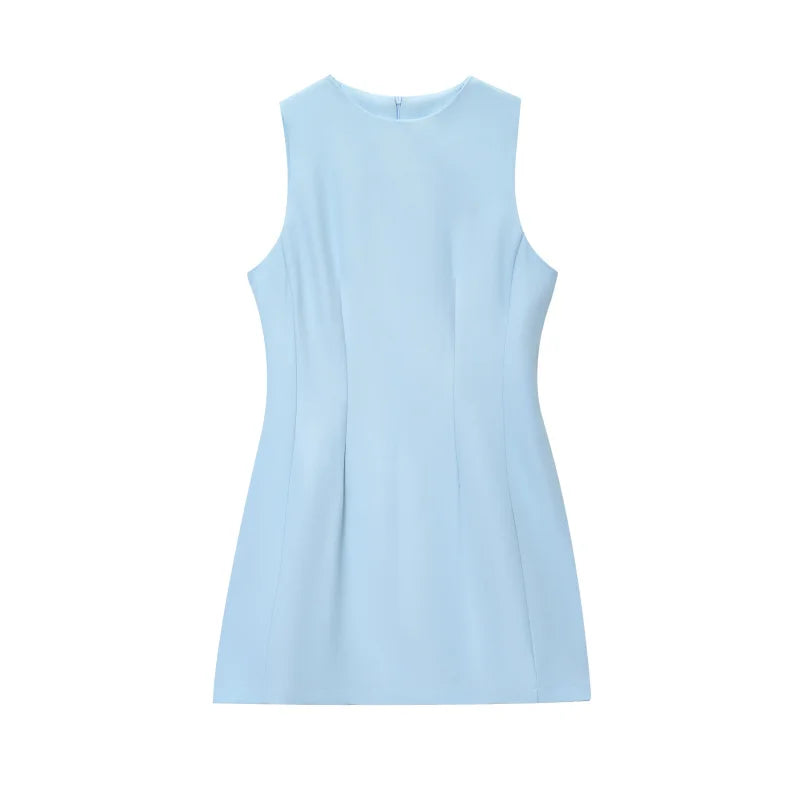ETJ2025 summer new  women's ZW series elegant simple classic puffy round neck sleeveless waist short dress
