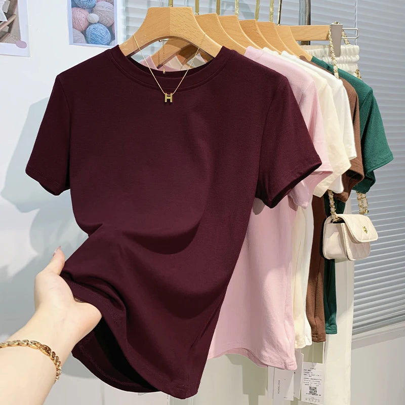 2026 New Women's 100% Cotton T-shirt Bottoming Basic Solid Lady Short Sleeve Tops Shirts Summer T Shirt