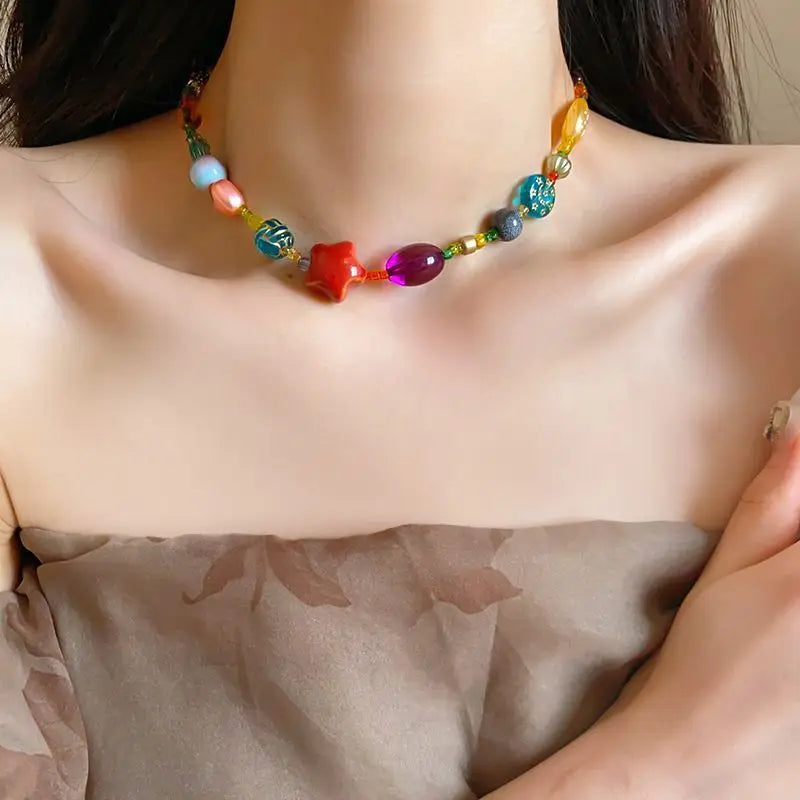 Color Ceramic Pearl Women's Necklace 2026 New Short Necklace Dopamine High Sense Clavicle Chain Design Temperament Accessories