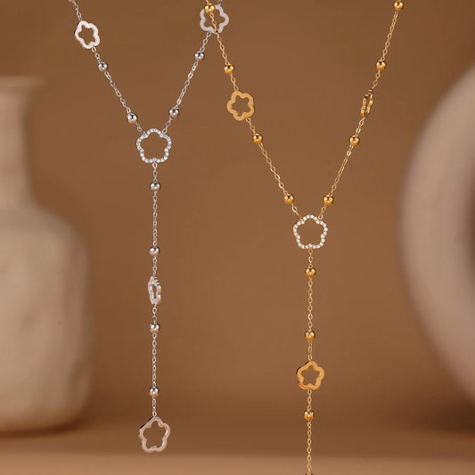 Nivora Flower Chain Stainless Steel Zircon Long Necklacs For Women PVD Gold Plated Metal Female Collar Party Wedding Jewelry