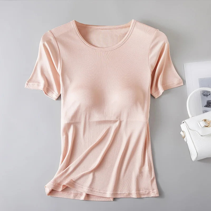 Birdtree, 22% Real Silk Solid Tshirt, With Built-in Bra, Women Short Sleeve O-neck Loose Soft Shirt, 2026 Spring New T63428JF