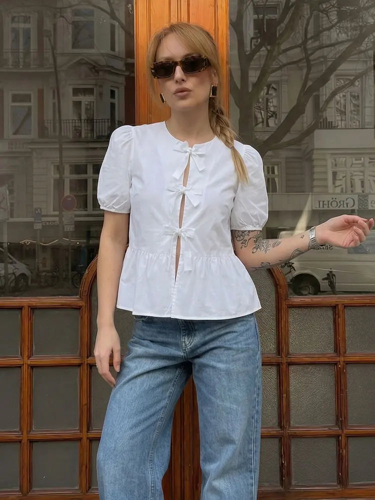Blouse For Women Fashion Lace Up Short Puff Sleeve Shirt Y2k Solid Girls Sweet Top Summer Female Casual Streetwear Shirts