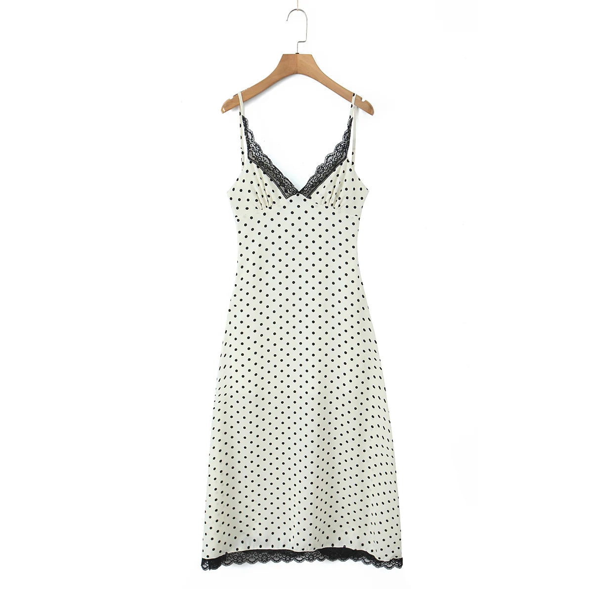 Sexy Milky Black Polka Dot Print Spliced Lace Ruched V Neck Sling Dress Women No Back Backless A-line Long Vestidos Robe Holiday