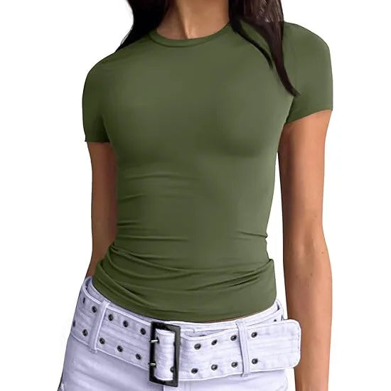 1pcs Women's Sport T-shirt Girl Solid Basic Fitness Running Yoga Tees Lady Short Sleeve Slim Sexy Round Neck Casual Shirts Tops