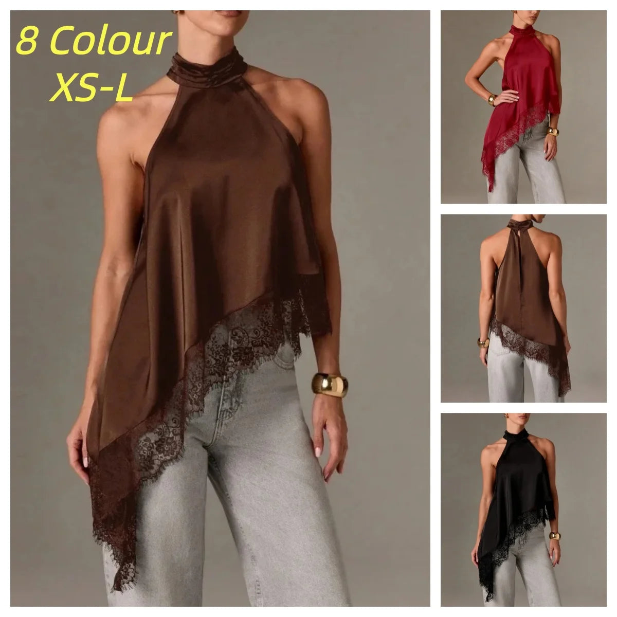 Women Y2k Mock Neck Halter Top Satin Lace Asymmetrical Hem Tank Tops Sleeveless Elegant Going Out Crop Tops