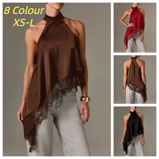 Women Y2k Mock Neck Halter Top Satin Lace Asymmetrical Hem Tank Tops Sleeveless Elegant Going Out Crop Tops
