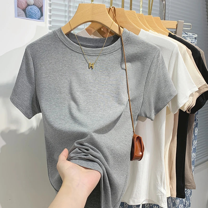 2026 New Women's 100% Cotton T-shirt Bottoming Basic Solid Lady Short Sleeve Tops Shirts Summer T Shirt
