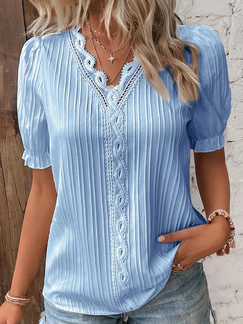 Top Solid Sexy V-Neck Hollow Short Sleeve Shirt Fashion Splice