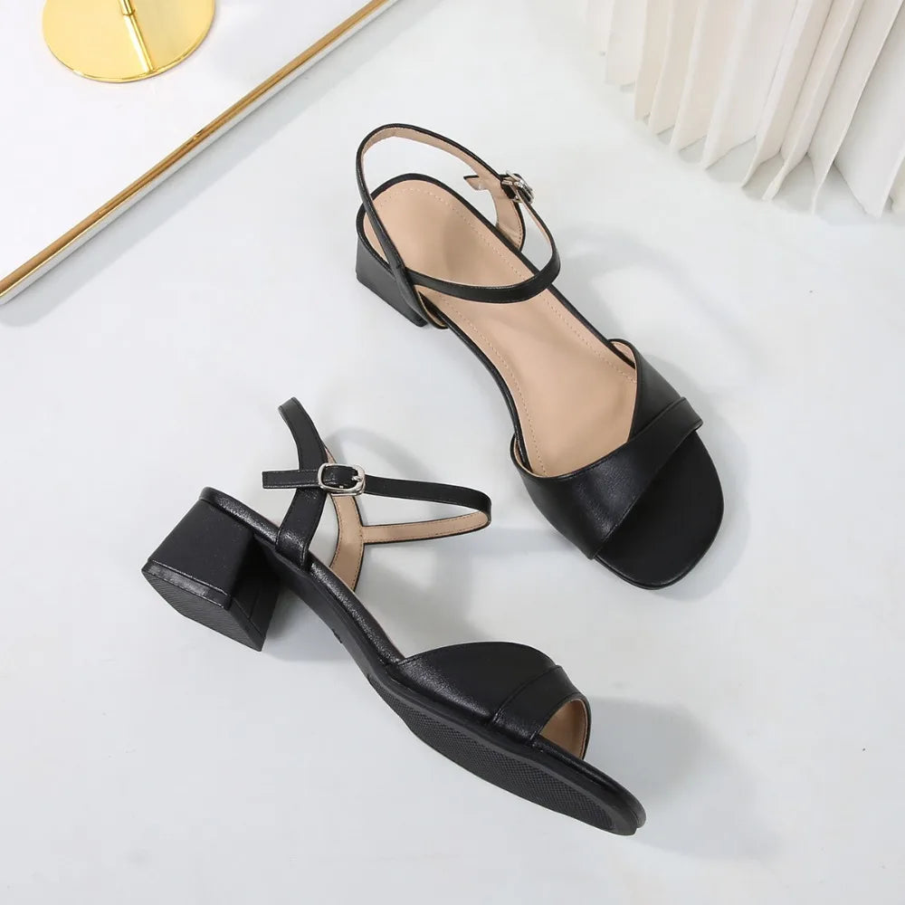 Sandals for Women 2026 Summer Soft Leather Plus Size Thick Heel Straight Buckle Strap High-heeled Sandals Women's Heels Women