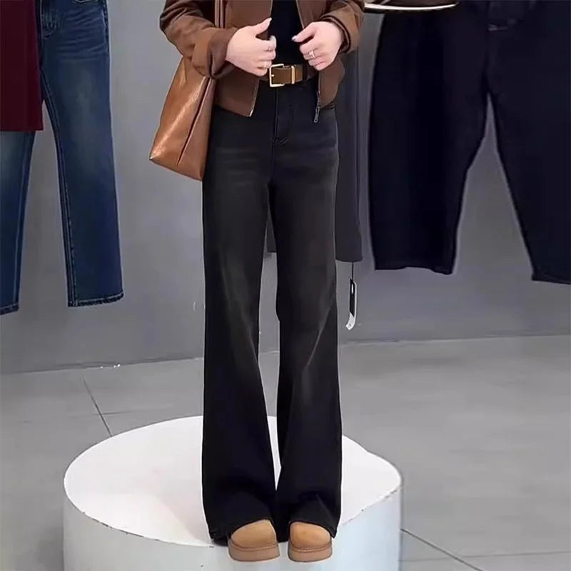 plus Size High Waist Straight Leg Bell Bottom Jeans Women's Spring Autumn New Style Slimming Floor Length Pants Fat MM