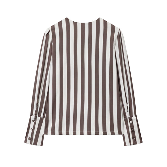Women Striped Jacket Coat 2026 Autumn Female Chic Women's Fit Shirt O-neck Puff Sleeve Single Breasted Outwear Coats