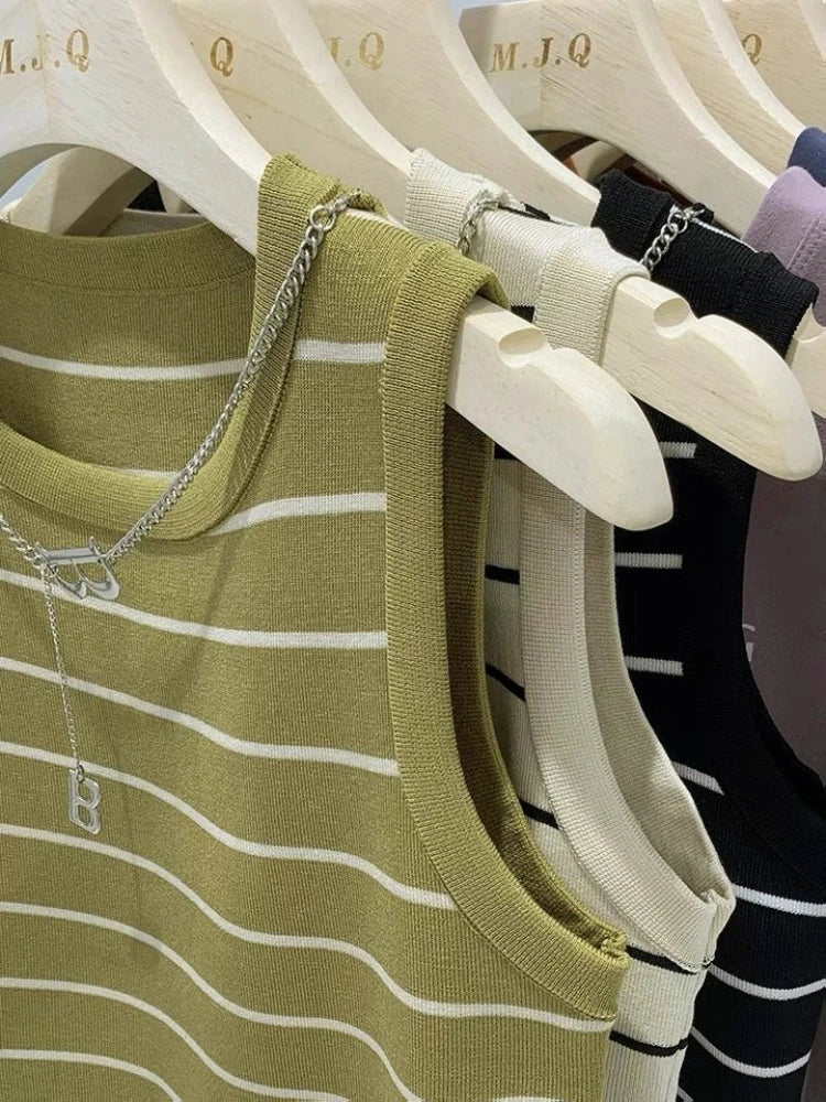 Sleeveless Knitted Striped Crop Tops 2026 Spring Summer Women Tank Tops Female Elastic Slim Casual Vests Color Blocking Camis