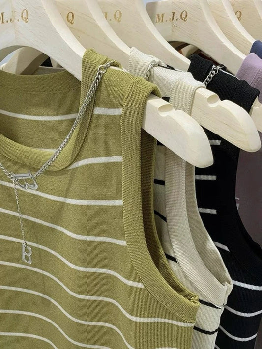 Sleeveless Knitted Striped Crop Tops 2026 Spring Summer Women Tank Tops Female Elastic Slim Casual Vests Color Blocking Camis