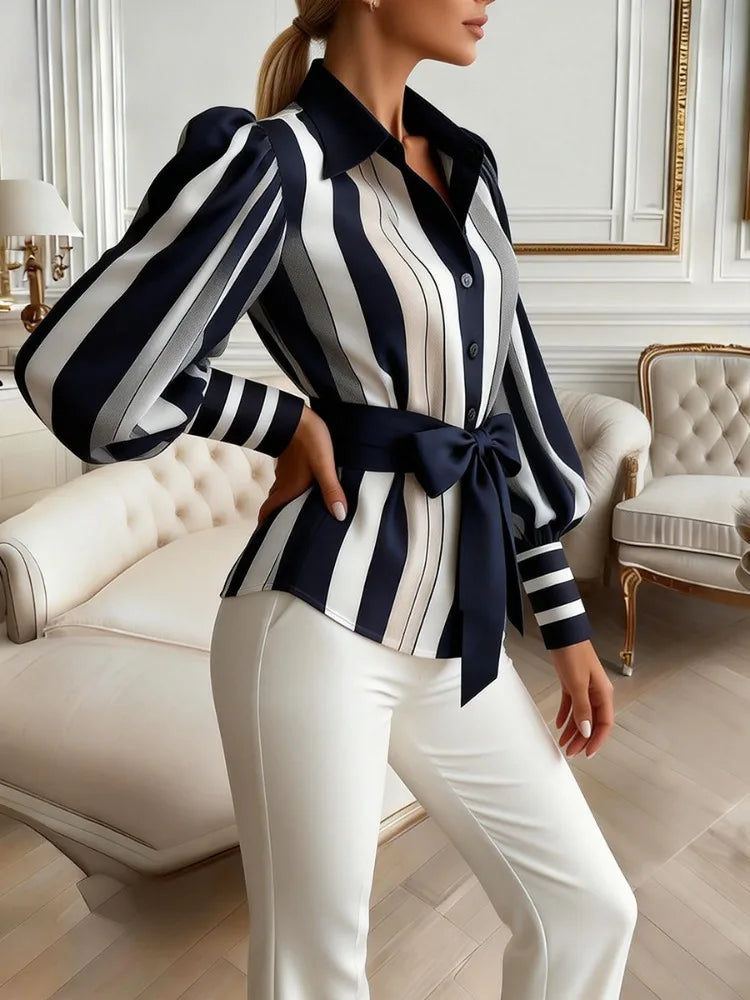 UOOZEE Women's Contrast Color Striped Shirt Long Puff Sleeves Belted Elegant Office Blouse 2026 Fashion Tops Formal Workwear