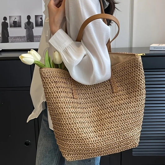 Fashionable and Versatile Women's Woven Bag with Zipper for Travel, Large Capacity Beach Bag, Handbag