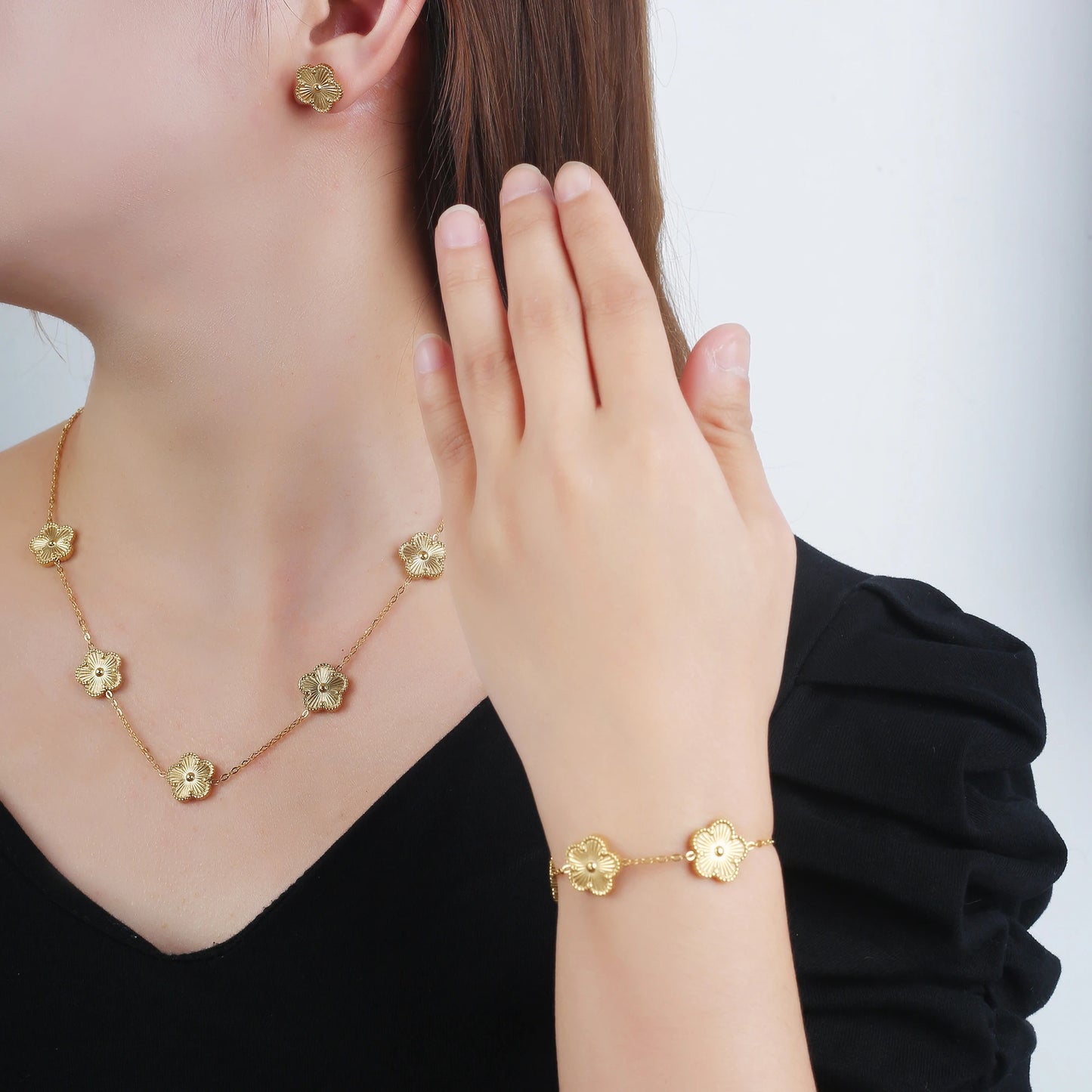 Bracelet Earrings 18K Gold Plated Jewelry Set For Women Girl Gift Clover