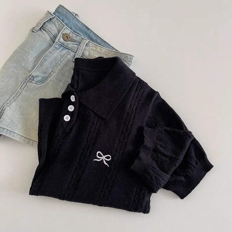 AOSSVIAO 2026 Summer New Korean Fashion Slim Polo shirt Knitted Short Sleeve T-shirt Sweet Bow Embroidered Knitted  Women Tops