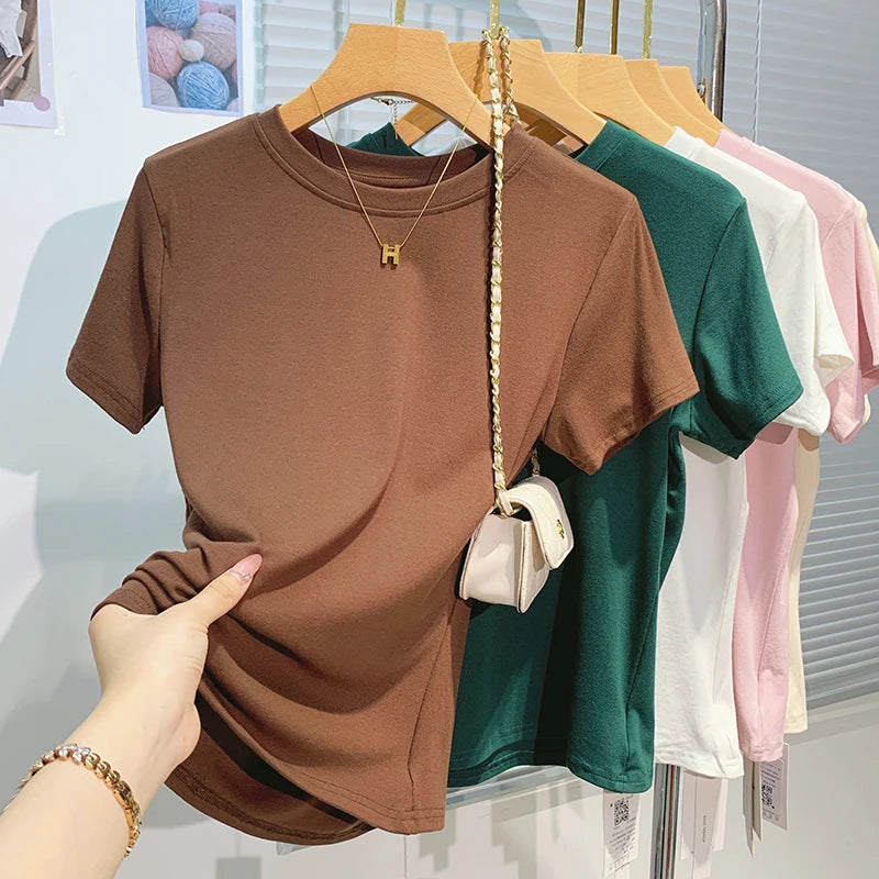 2026 New Women's 100% Cotton T-shirt Bottoming Basic Solid Lady Short Sleeve Tops Shirts Summer T Shirt