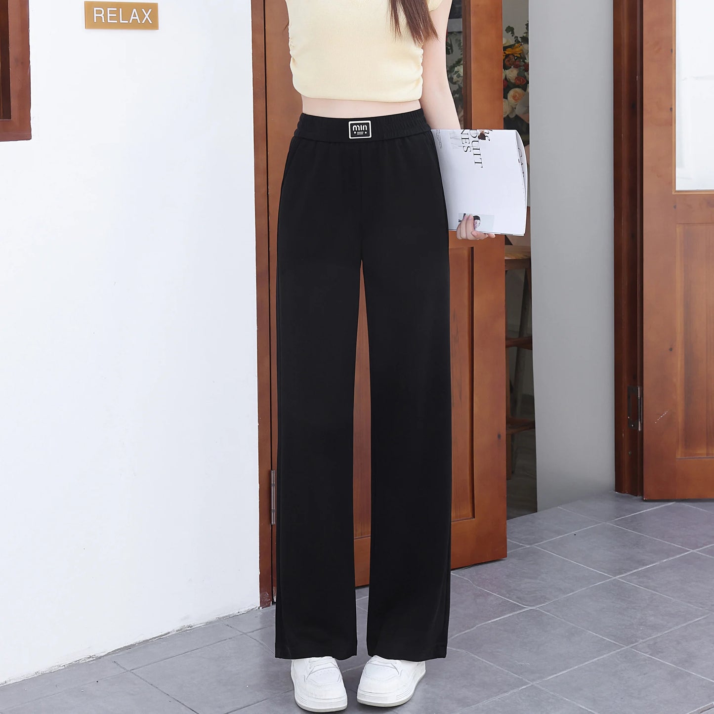 2026 New Women's Loose Straight Leg Pants in Apricot Color, Elastic Waist Modal Casual Pants, Black Wide Leg Pants