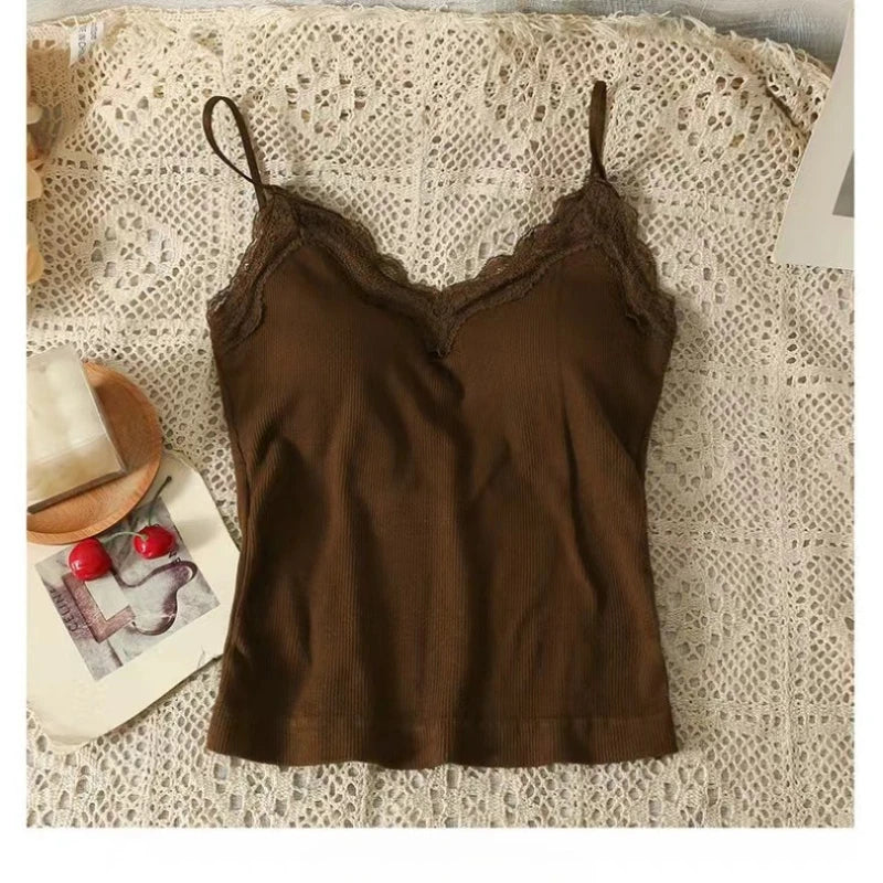 Women Sleeveless Tank Tops Solid Color Korean Version V Neck Slim Fashion Lace Stitching With Chest Pad Camisole