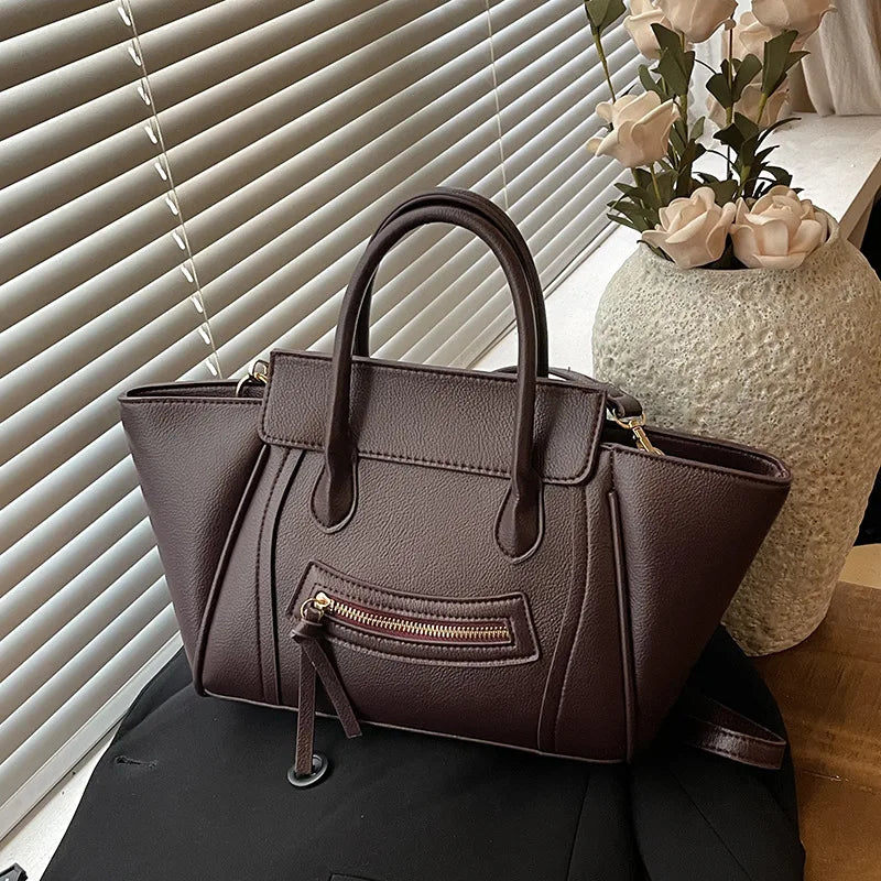 Luxury Designer PU Leather Lichee Pattern Women's Handbag Retro Crossbody Bag Large Wings Bucket Tote