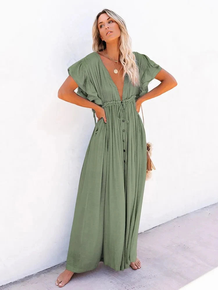 Sexy Bikini Cover-ups Deep V Neck Long White Tunic Casual Summer Beach Dress Elegant Women Clothes Beach Wear Swim Suit Cover Up