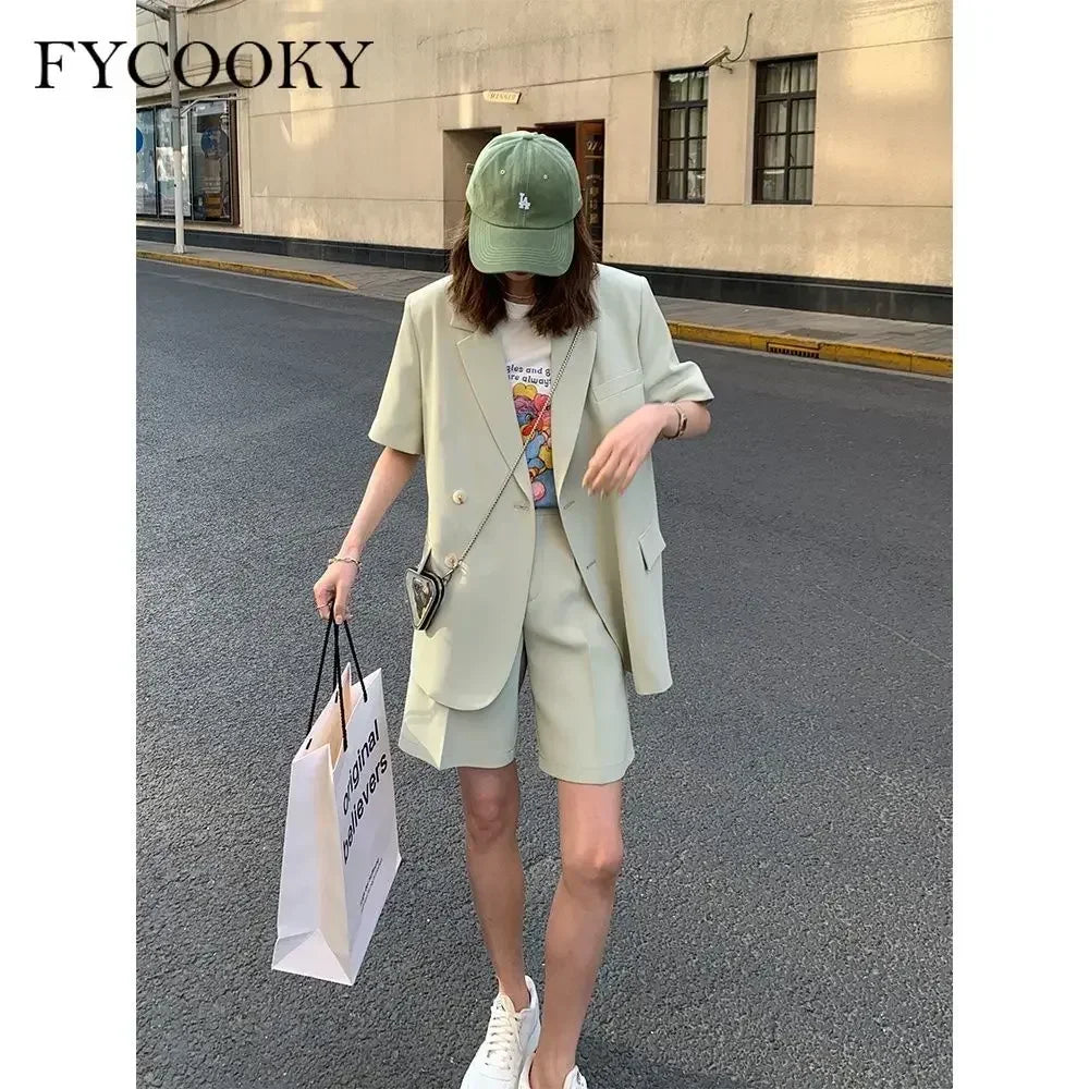 Korean Loose 2 Piece Women Short Set with Blazer Summer