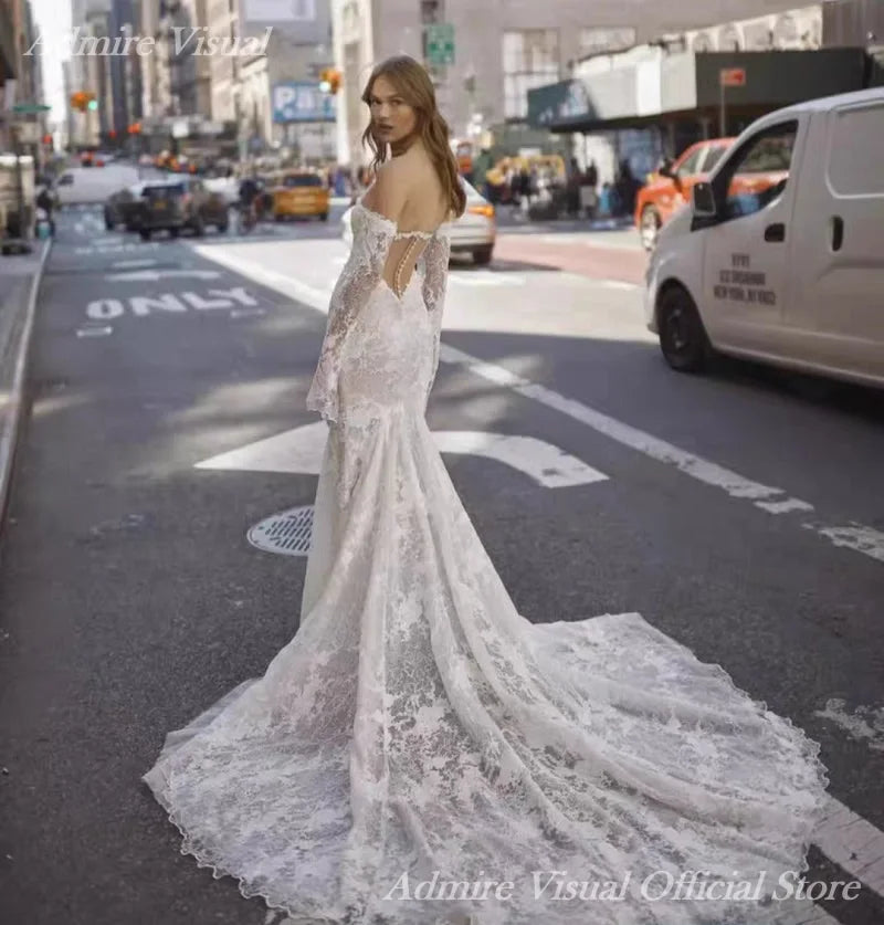 Newest Wedding Dresses Lace Mermaid Long Sleeves Off The Shoulder With Illusive Back Customized Bride Gowns Vestidos De Novia