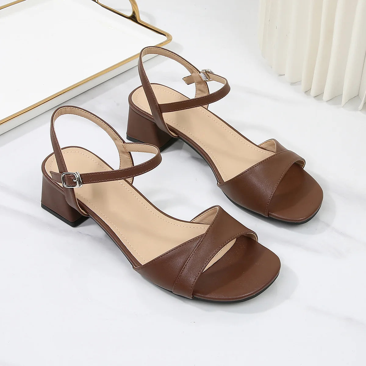 Sandals for Women 2026 Summer Soft Leather Plus Size Thick Heel Straight Buckle Strap High-heeled Sandals Women's Heels Women