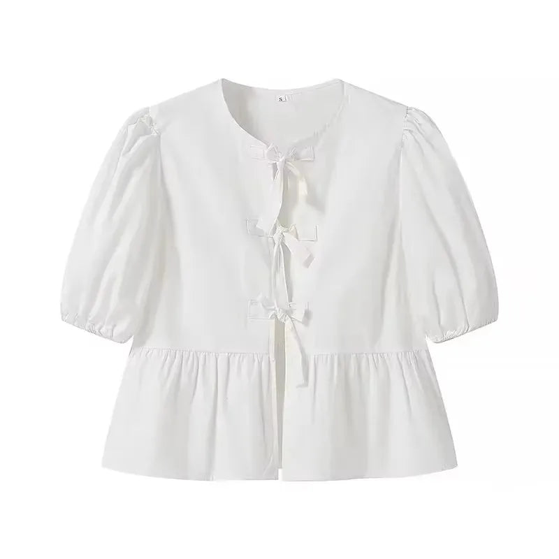 Blouse For Women Fashion Lace Up Short Puff Sleeve Shirt Y2k Solid Girls Sweet Top Summer Female Casual Streetwear Shirts