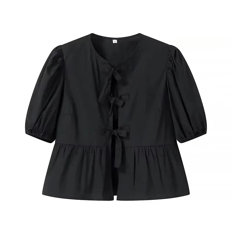 Blouse For Women Fashion Lace Up Short Puff Sleeve Shirt Y2k Solid Girls Sweet Top Summer Female Casual Streetwear Shirts