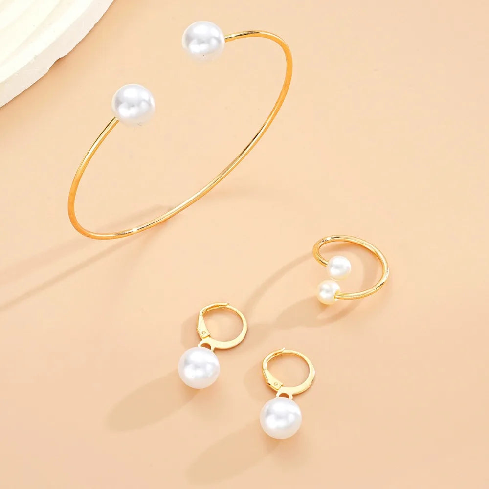 3pcs Set Fashion Minimalism Pearl Pendant Earrings Ring Opening Bangle for Women Commuting Versatile Jewelry Sets Accessory Gift