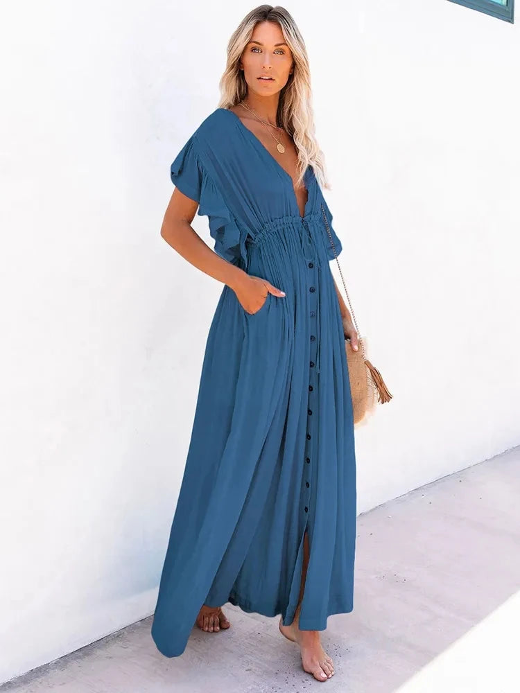 Sexy Bikini Cover-ups Deep V Neck Long White Tunic Casual Summer Beach Dress Elegant Women Clothes Beach Wear Swim Suit Cover Up