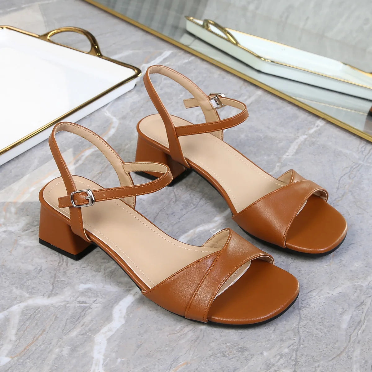 Sandals for Women 2026 Summer Soft Leather Plus Size Thick Heel Straight Buckle Strap High-heeled Sandals Women's Heels Women