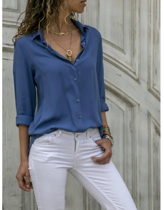 Autumn Shirt Women's Polo Collar Office Lady blouse Vintage Shirt Loose Button Up Down Shirts Fashion Tops