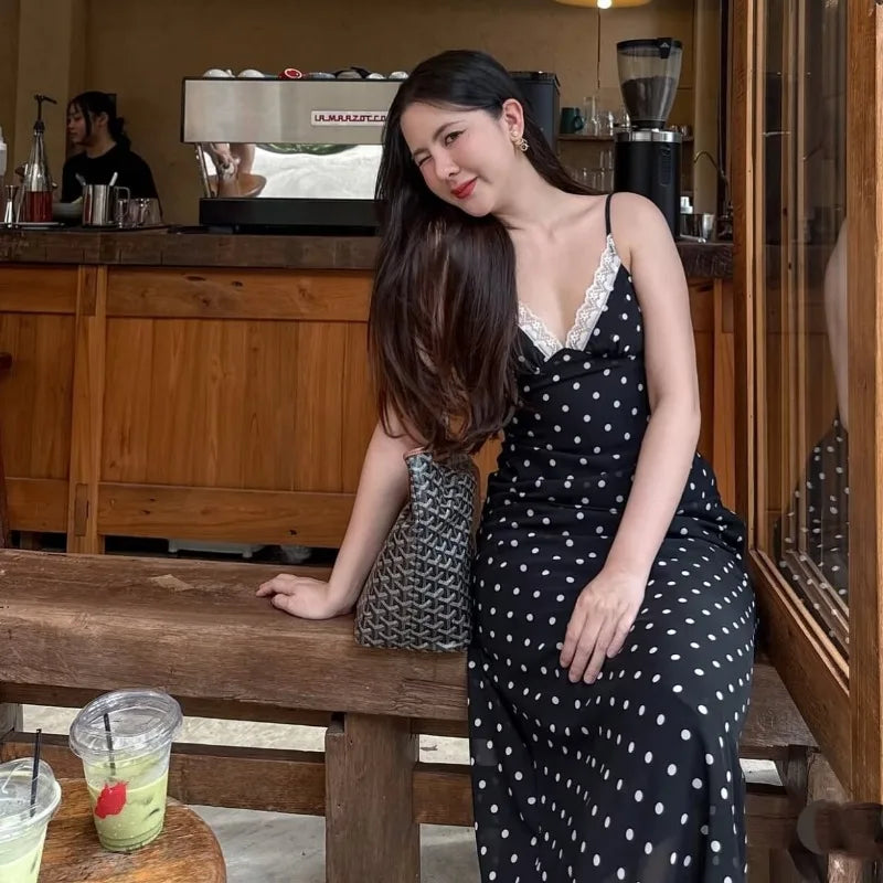 New Fashion Elegant Polka Dot V Neck Lace Patchwork Sleeveless Cami Backless Dress Summer Casual Commute Wear 2026