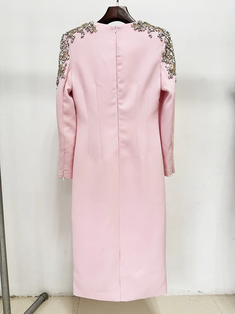 HIGH STREET Newest 2026 Designer Fashion Women's Long Sleeve Diamonds Beaded  Long Sleeved Dress